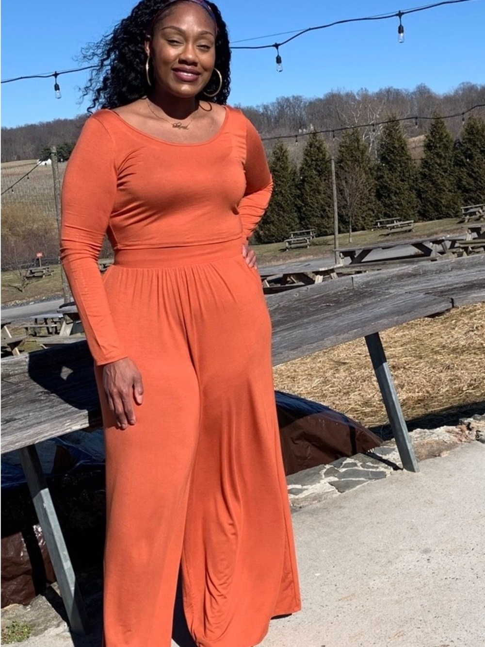 Fashionnova Orange Long-Sleeve Wide-Leg 2pc set